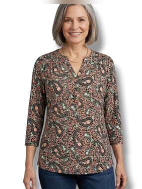 Croft & Barrow Women's Multicolor Paisley 3/4 Sleeve V-Neck Blouse Size Small​